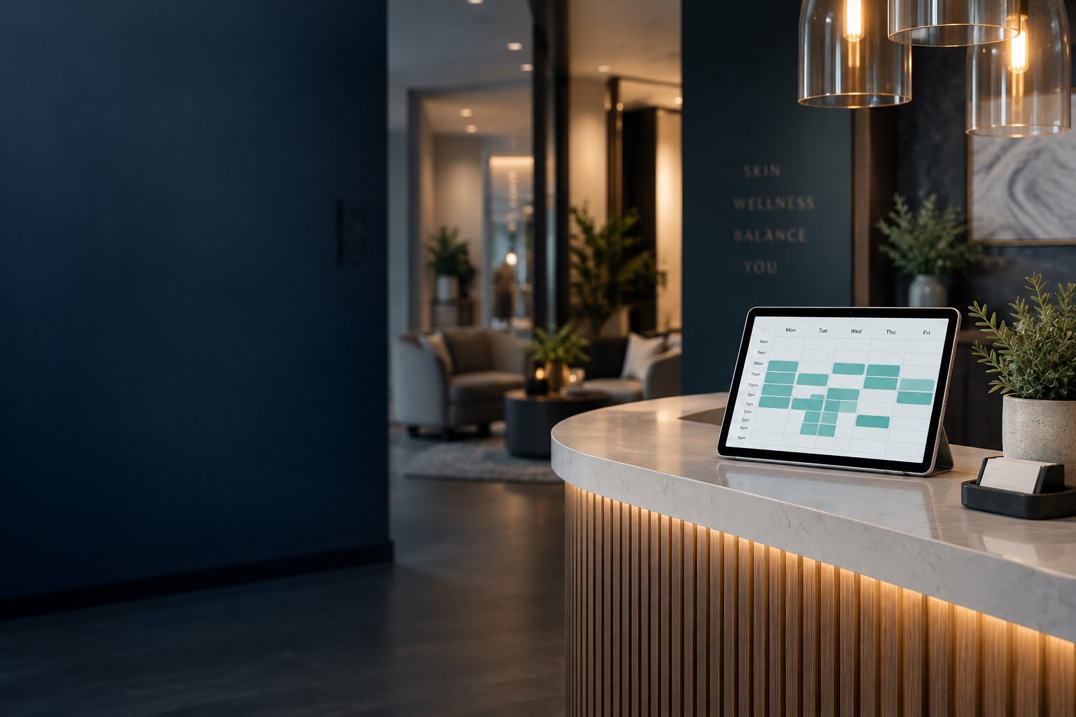 Reception desk of an appointment-based business with a full booking calendar on a tablet